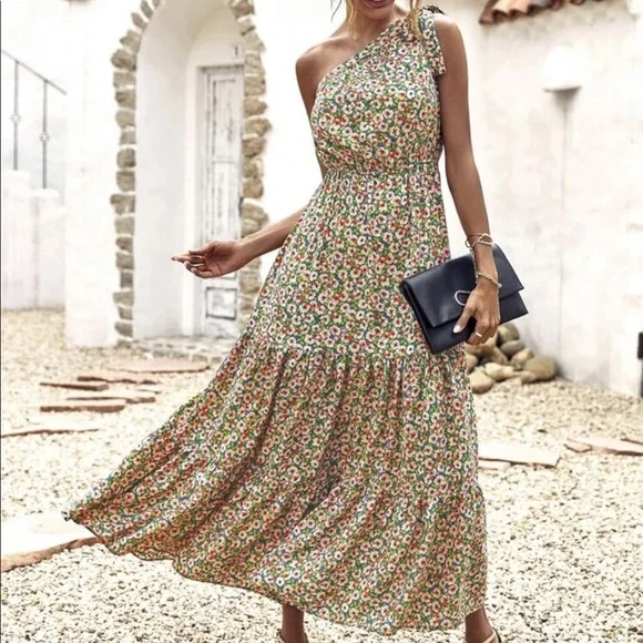 Boho tie shoulder A line maxi dress